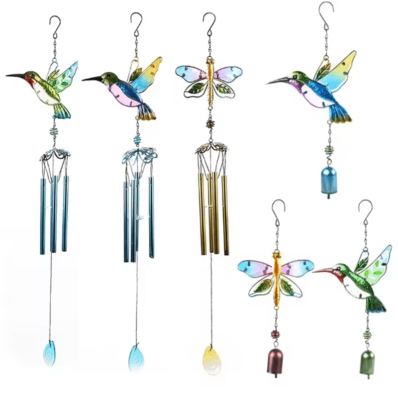 Hummingbird Dragonfly Metal Glass Wind Chime HandPainted Garden Hanging Decor With Soothing Bells 0