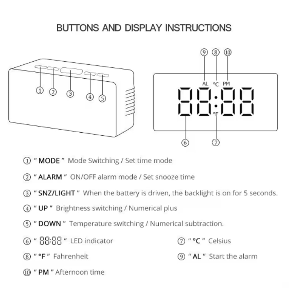 White LED Mirror Digital Alarm Clock With Snooze USB Powered Modern Desk Clock With Night Mode 4