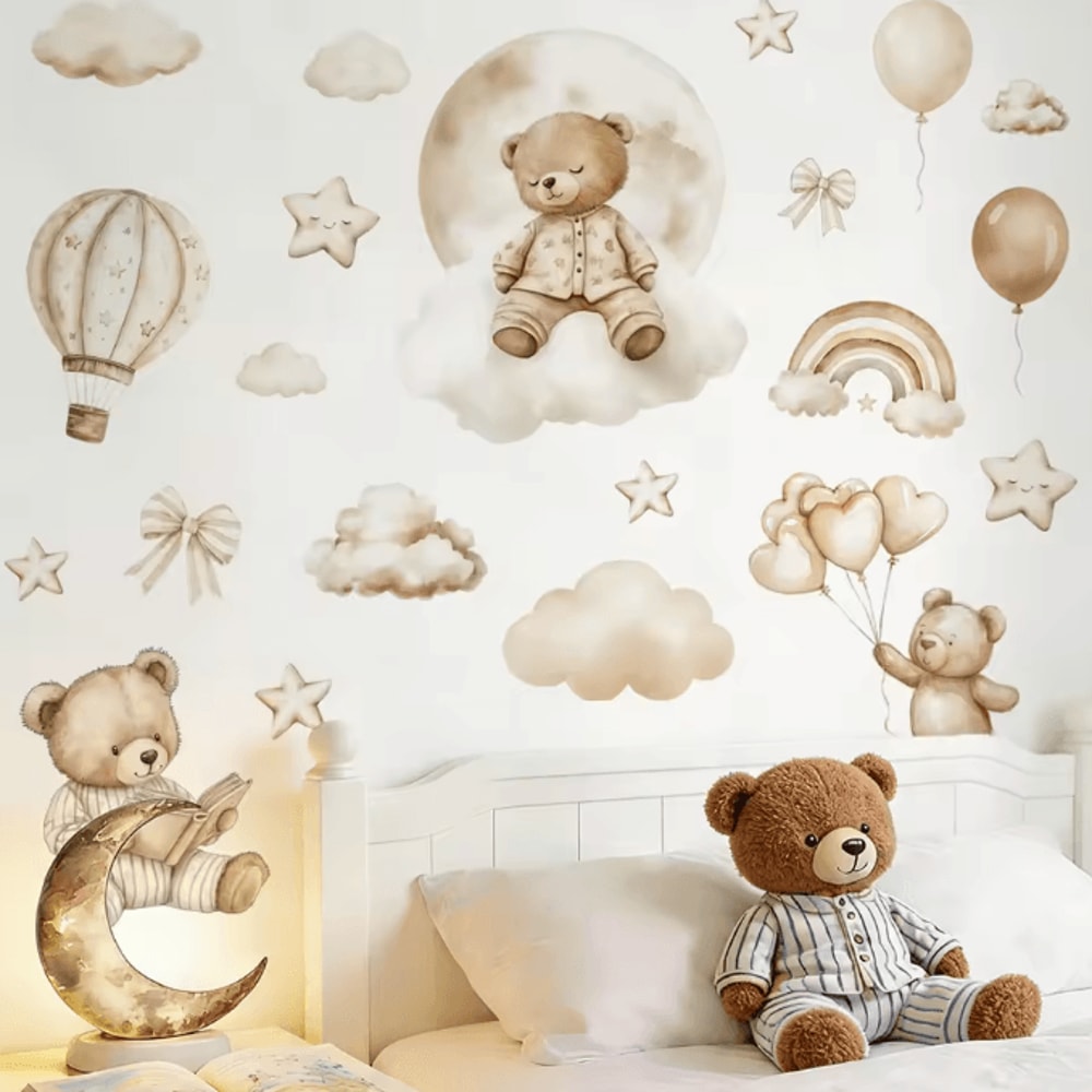 Boho Teddy Bear Balloon Wall Sticker Watercolor Nursery Wall Decals For Kids Room Decor 1