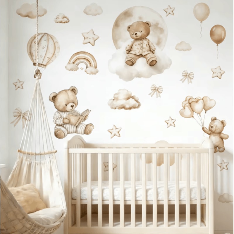 Boho Teddy Bear Balloon Wall Sticker Watercolor Nursery Wall Decals For Kids Room Decor 2