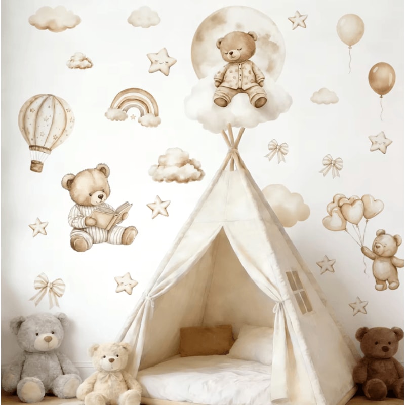 Boho Teddy Bear Balloon Wall Sticker Watercolor Nursery Wall Decals For Kids Room Decor 3