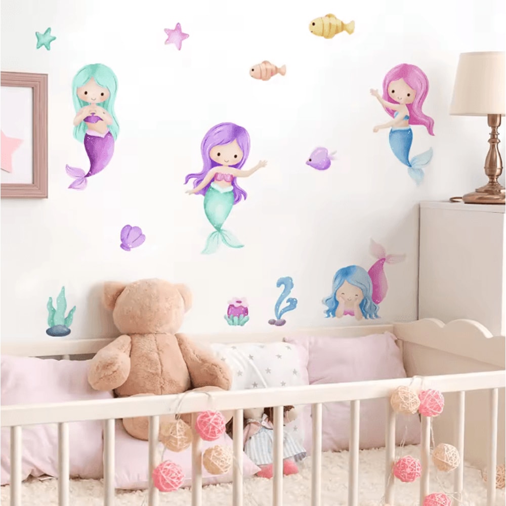 Cartoon Mermaid Watercolor Wall Stickers Under The Sea Nursery Wall Decals For Girls Room Decor 0