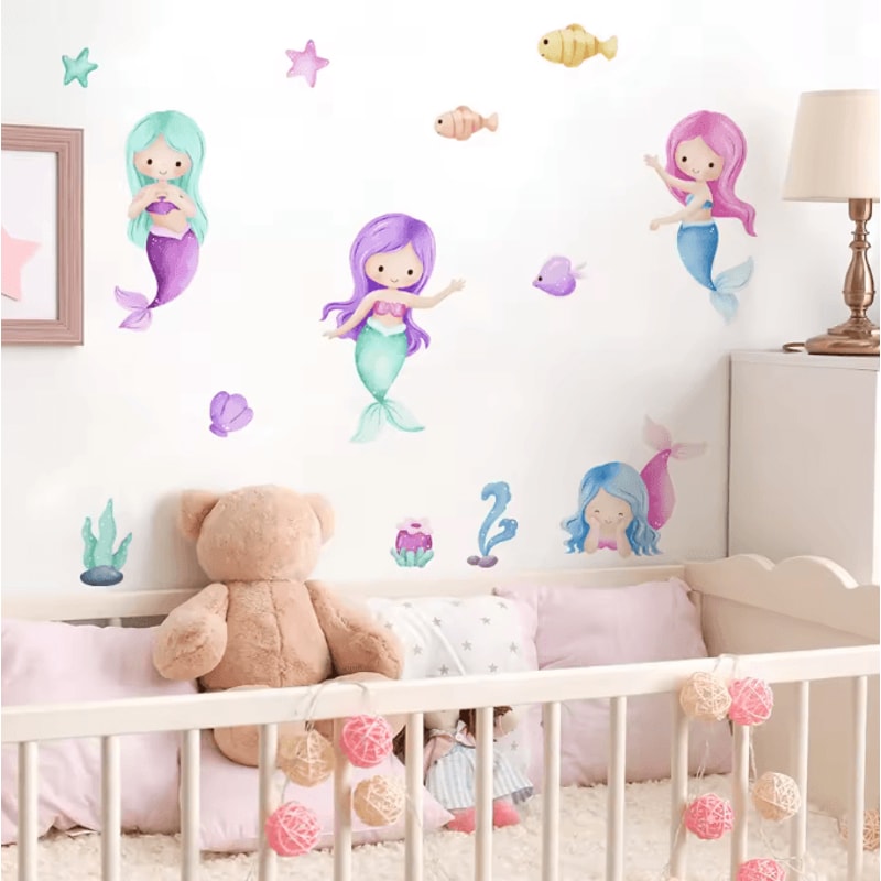 Cartoon Mermaid Watercolor Wall Stickers Under The Sea Nursery Wall Decals For Girls Room Decor 0