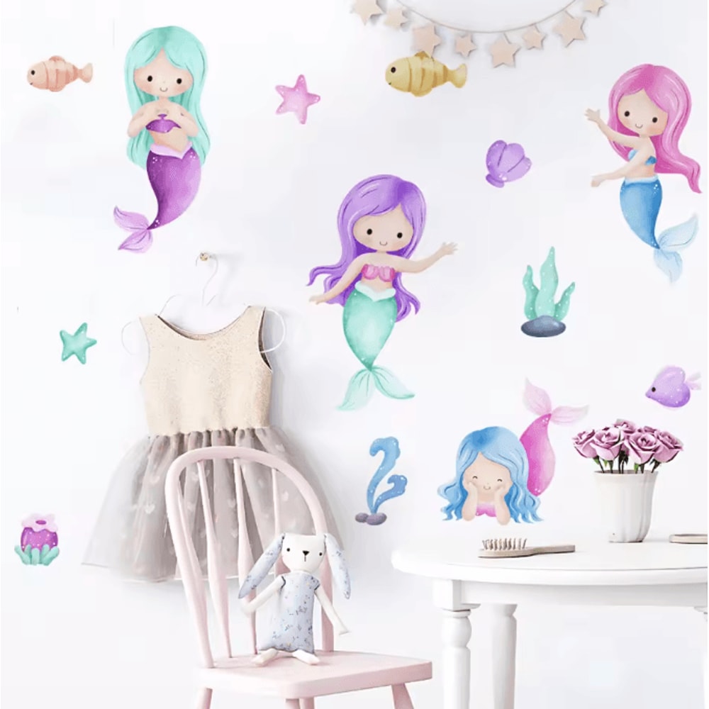 Cartoon Mermaid Watercolor Wall Stickers Under The Sea Nursery Wall Decals For Girls Room Decor 2
