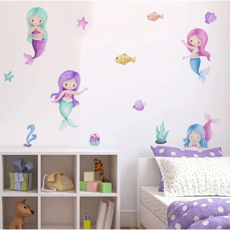 Cartoon Mermaid Watercolor Wall Stickers Under The Sea Nursery Wall Decals For Girls Room Decor 3