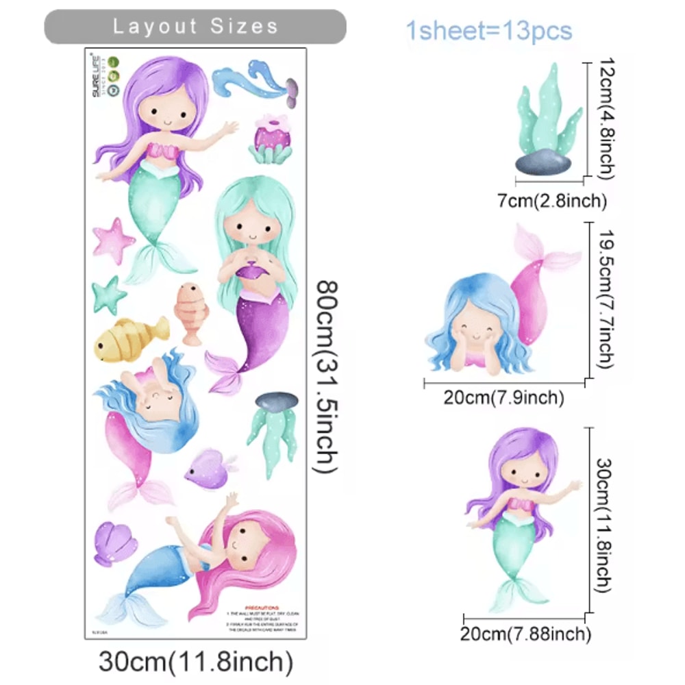Cartoon Mermaid Watercolor Wall Stickers Under The Sea Nursery Wall Decals For Girls Room Decor 5