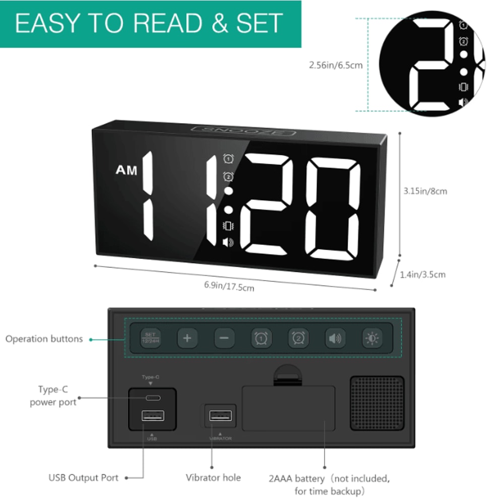 ORIA Vibrating Alarm Clock With Bed Shaker Loud LED Digital Clock For Heavy Sleepers Hearing Impa 3