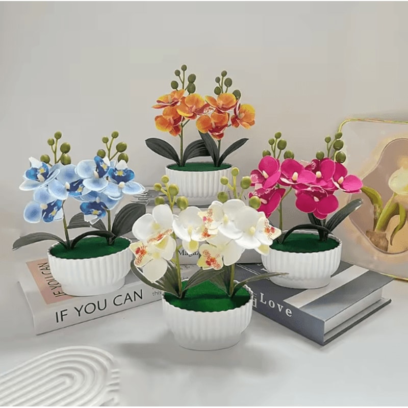 Artificial Butterfly Orchid Potted Plant Set Realistic Faux Flower Tabletop Decor For Home And Gift 0