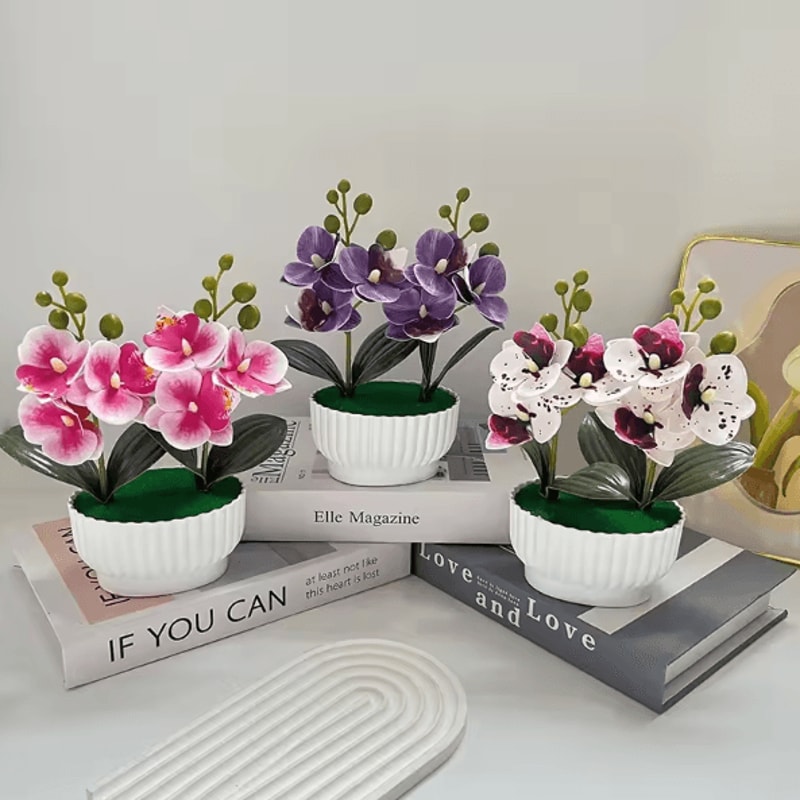 Artificial Butterfly Orchid Potted Plant Set Realistic Faux Flower Tabletop Decor For Home And Gift 1