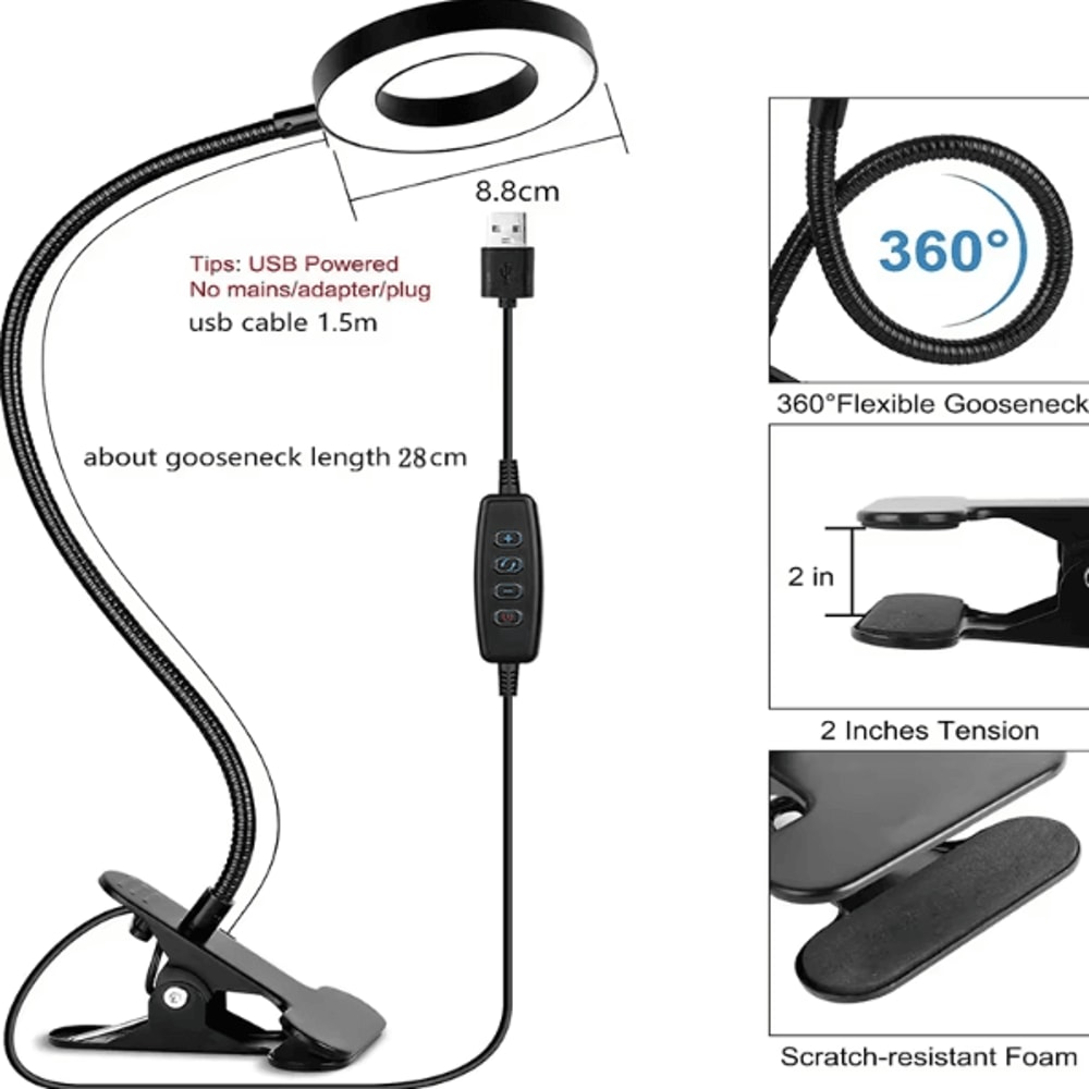 USB Clamp Desk Lamp LED Reading Light With 3 Modes 10 Brightness Levels Flexible Gooseneck Clip Lam 3