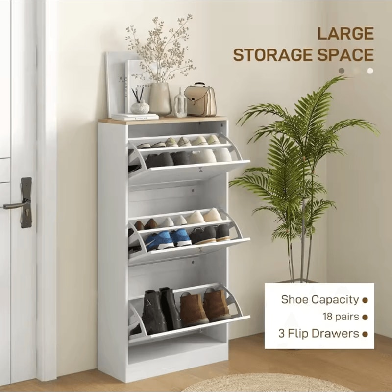 Wooden Shoe Storage Cabinet With 3 Flip Drawers Entryway Organizer With Adjustable Shelves Hidden S 2