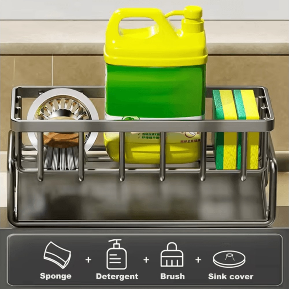 Kitchen Sink Organizer Carbon Steel Sponge Holder With Tilted Drain Tray Storage Rack For Brushes A 2