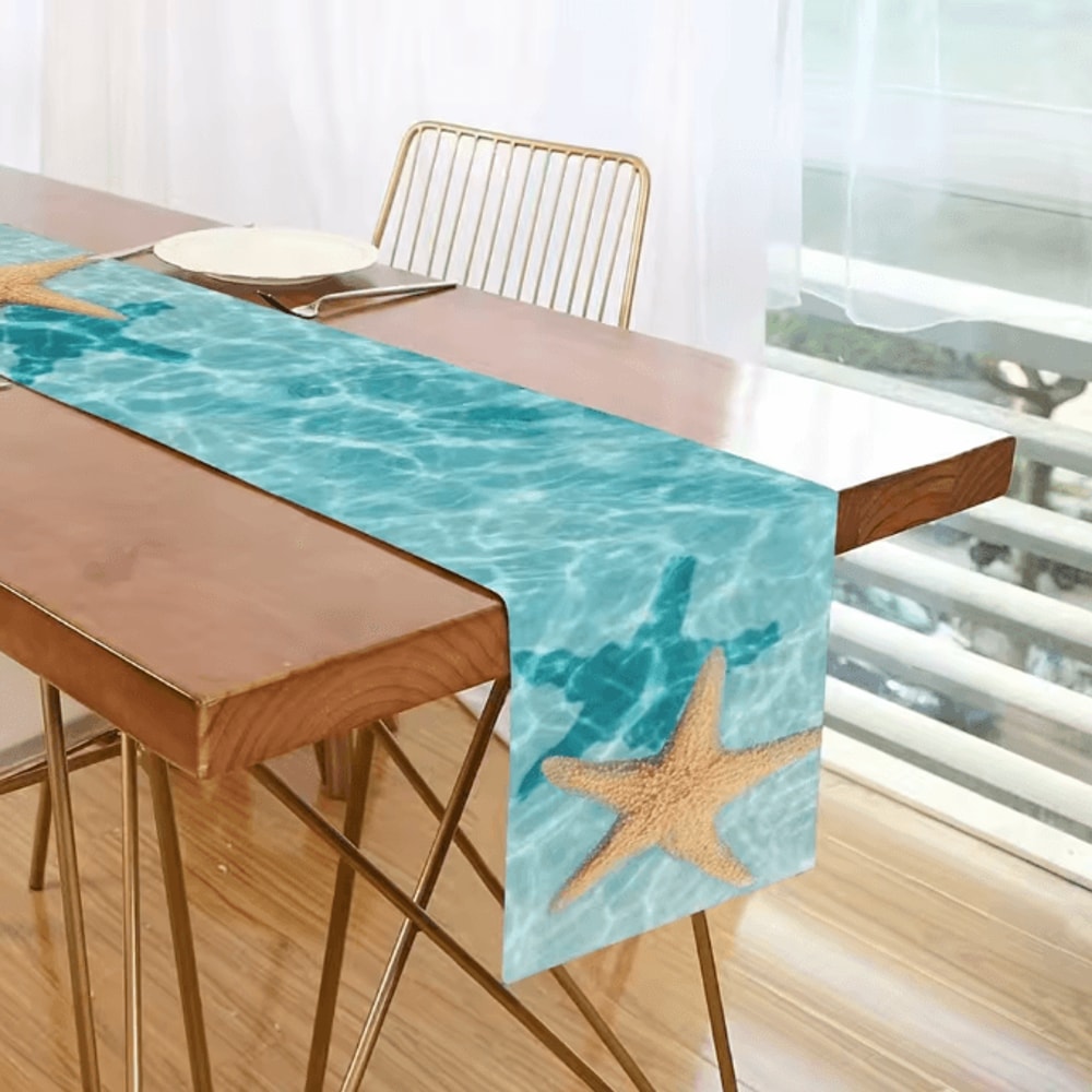 Watercolor Starfish Ocean Linen Table Runner Coastal Dining Decor Reusable Kitchen Table Scarf 1