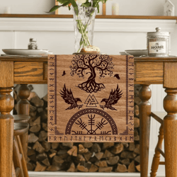 viking raven helmet of awe linen table runner norse mythology dining decor reusable holiday table accent