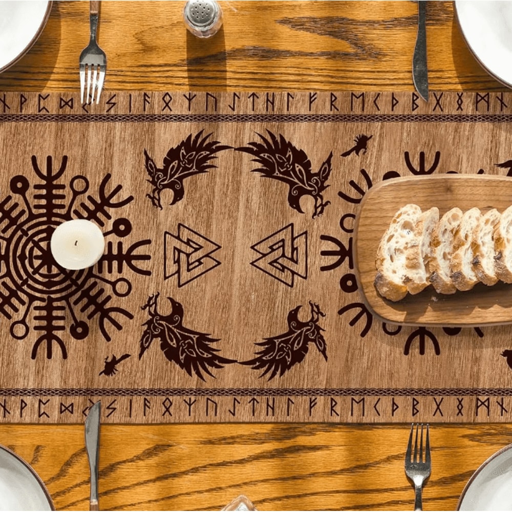 Viking Raven Helmet Of Awe Linen Table Runner Norse Mythology Dining Decor Reusable Holiday Table A 1