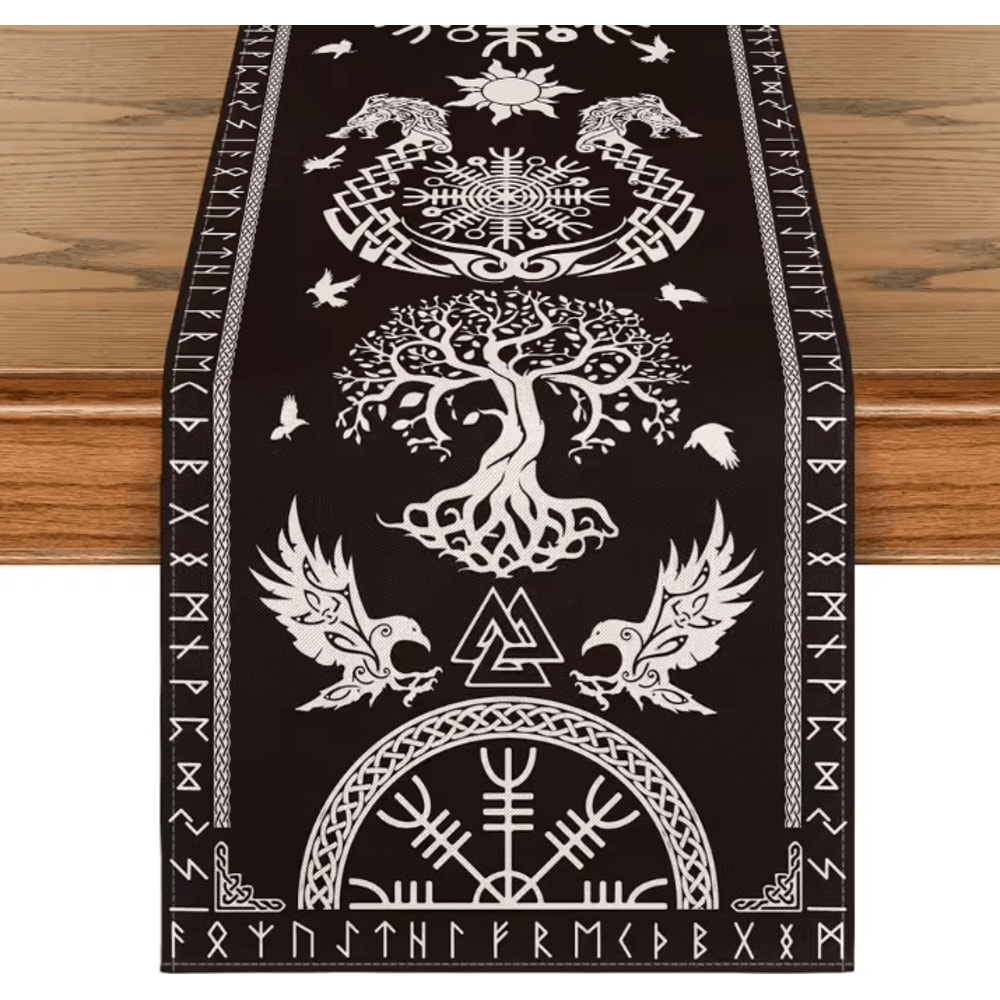 Viking Raven Helmet Of Awe Linen Table Runner Norse Mythology Dining Decor Reusable Holiday Table A 4