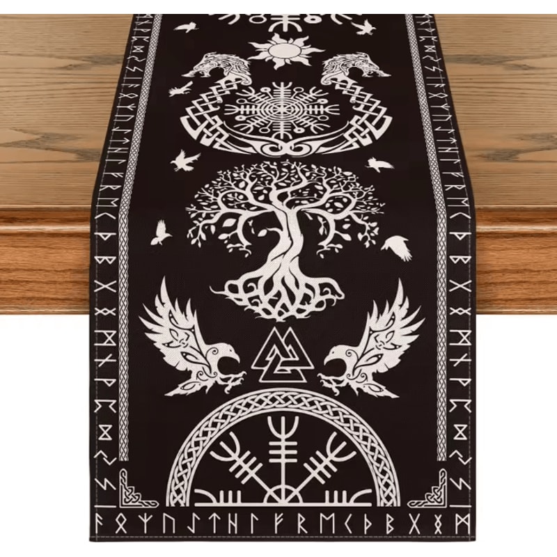 Viking Raven Helmet Of Awe Linen Table Runner Norse Mythology Dining Decor Reusable Holiday Table A 4