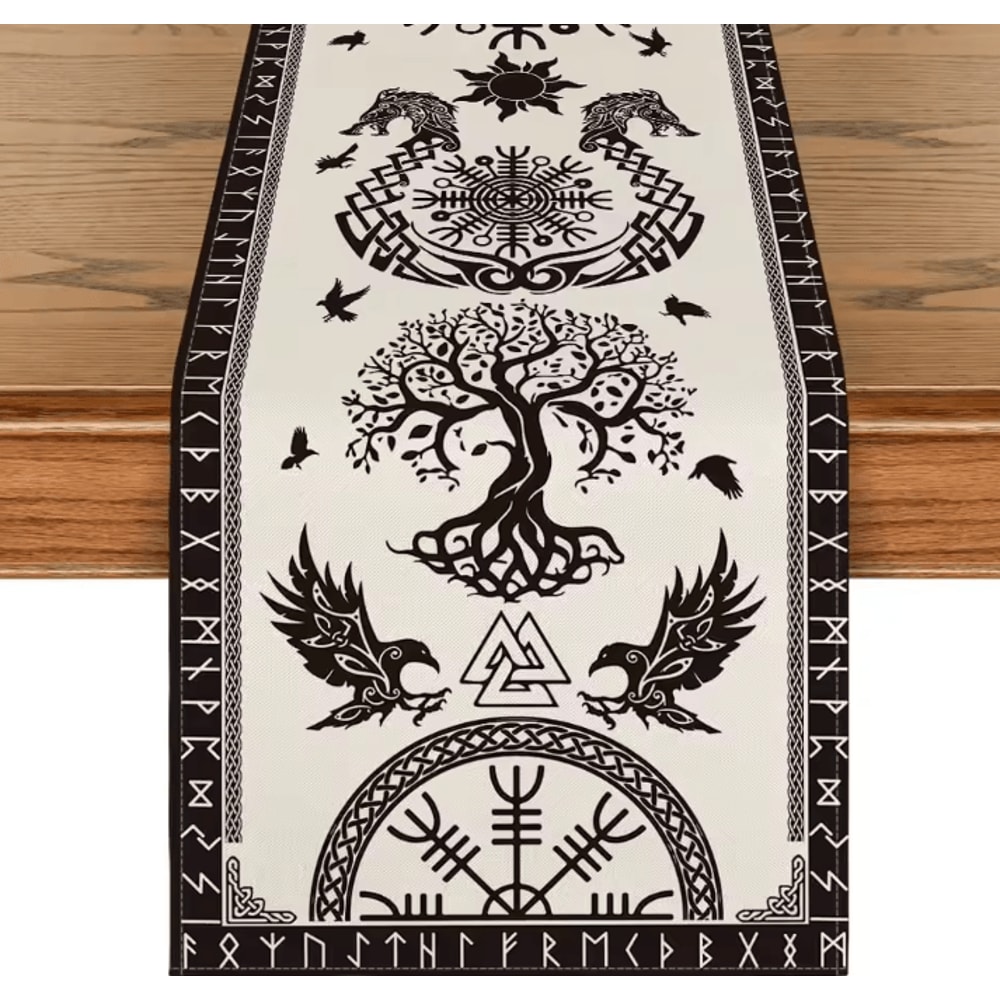Viking Raven Helmet Of Awe Linen Table Runner Norse Mythology Dining Decor Reusable Holiday Table A 5