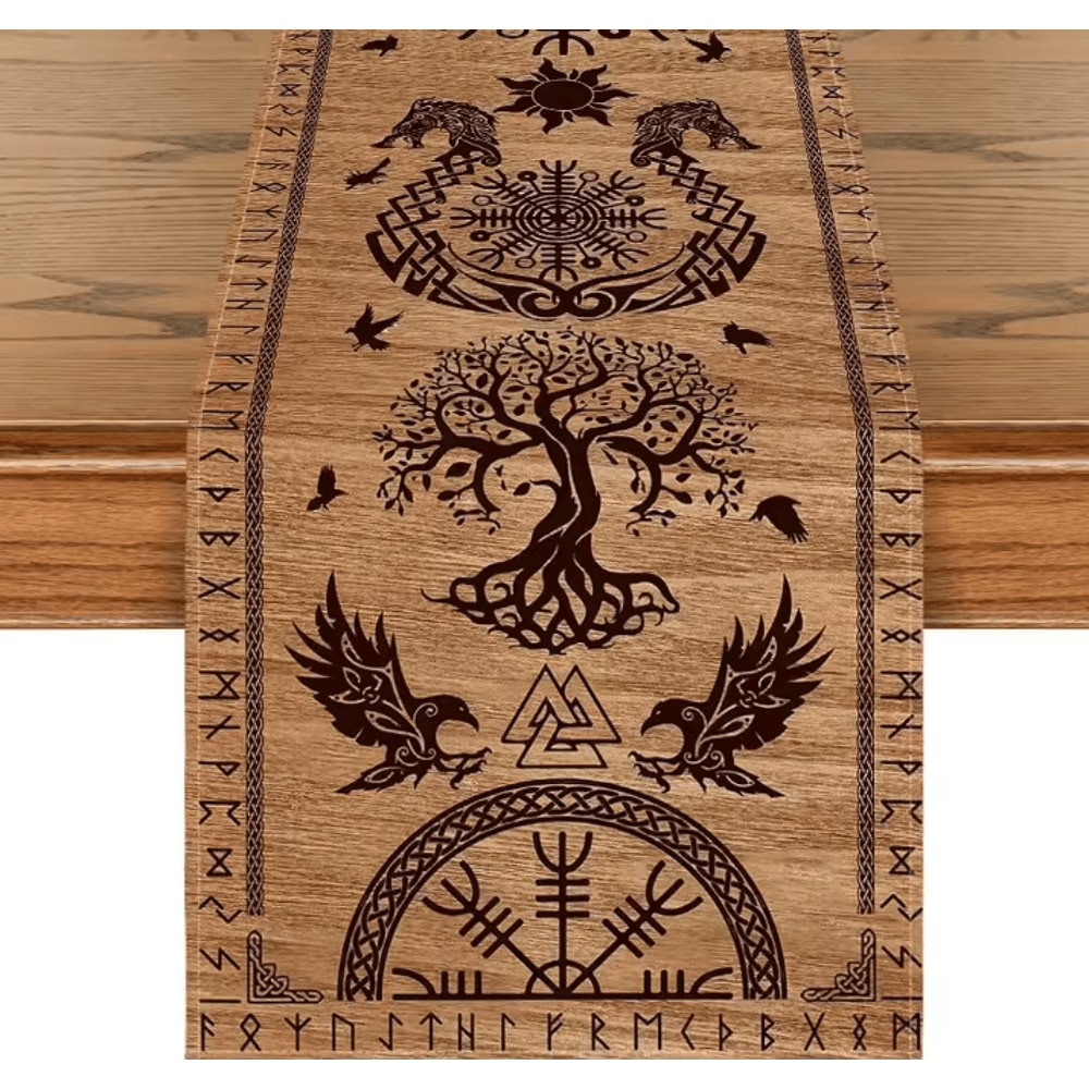Viking Raven Helmet Of Awe Linen Table Runner Norse Mythology Dining Decor Reusable Holiday Table A 6