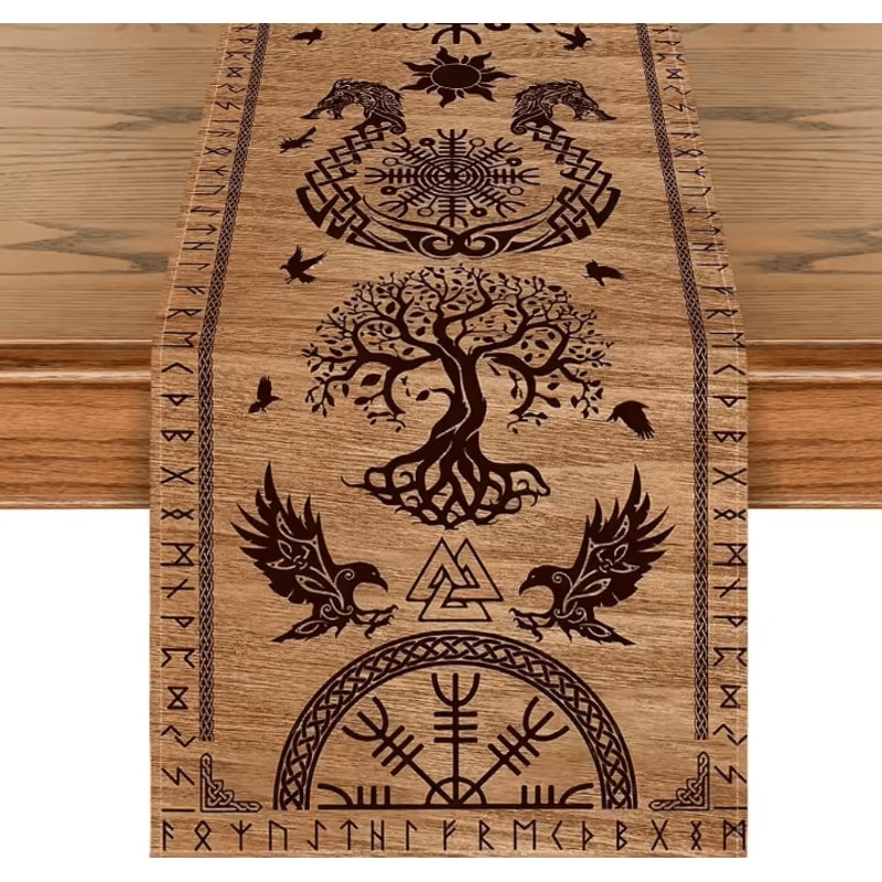 Viking Raven Helmet Of Awe Linen Table Runner Norse Mythology Dining Decor Reusable Holiday Table A 6