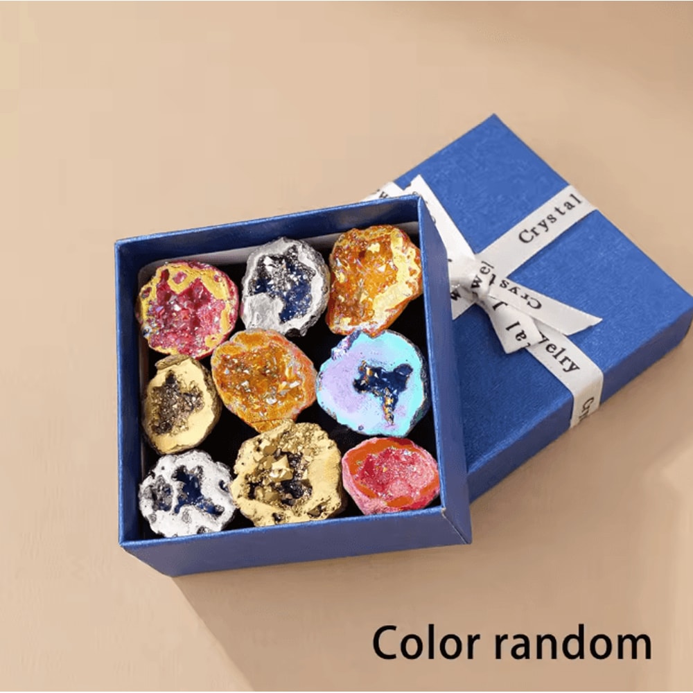 9Piece Colorful Agate Geode Crystal Set Electroplated Quartz Feng Shui Decor For Home Office Stylin 0