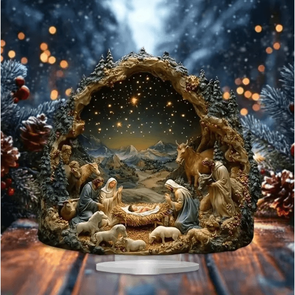 Transparent Acrylic Nativity Scene Ornament 2D Christmas Table Centerpiece Christian Holiday Decor 2