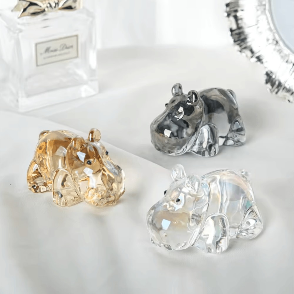 CrystalCharm Hippo Figurine Art Glass Animal Ornament Paperweight Collectible Desk Home Decor Gift 0