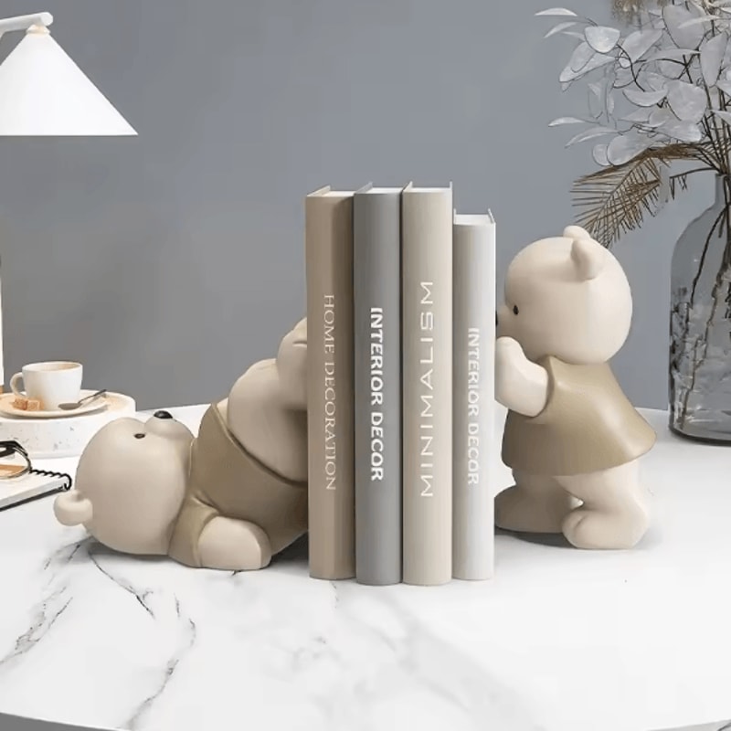 CozyBear Cream Bookend Figurine Cute Resin Bear Shelf Decor For Bookcase Living Room Gift Display 2