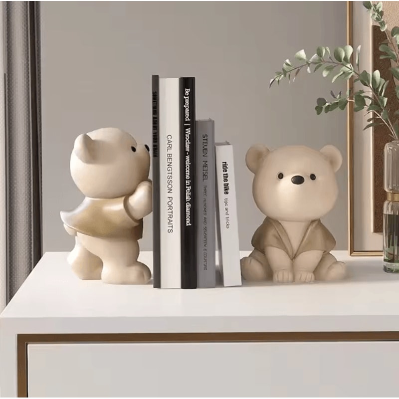 CozyBear Cream Bookend Figurine Cute Resin Bear Shelf Decor For Bookcase Living Room Gift Display 3