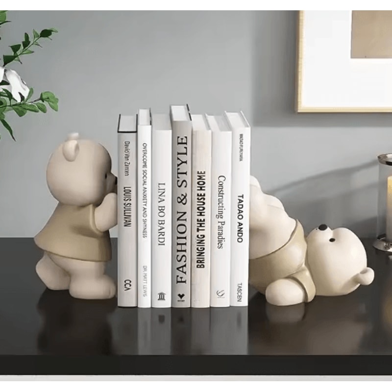 CozyBear Cream Bookend Figurine Cute Resin Bear Shelf Decor For Bookcase Living Room Gift Display 4