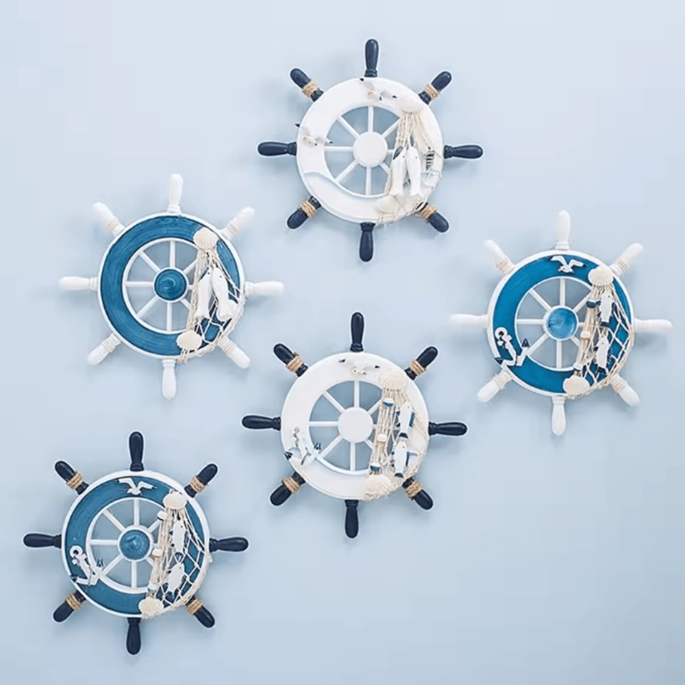 CoastalCharm 9Inch Wooden Ship Wheel Wall Decor With Fishing Net For BeachThemed Home Styling 0