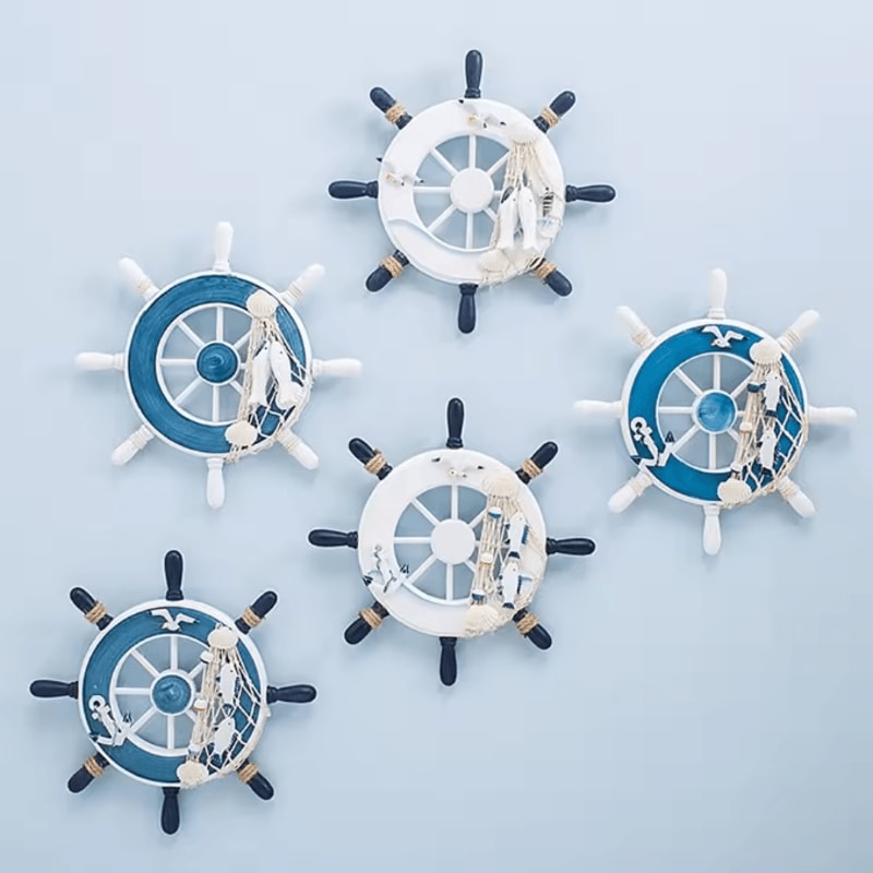 CoastalCharm 9Inch Wooden Ship Wheel Wall Decor With Fishing Net For BeachThemed Home Styling 0