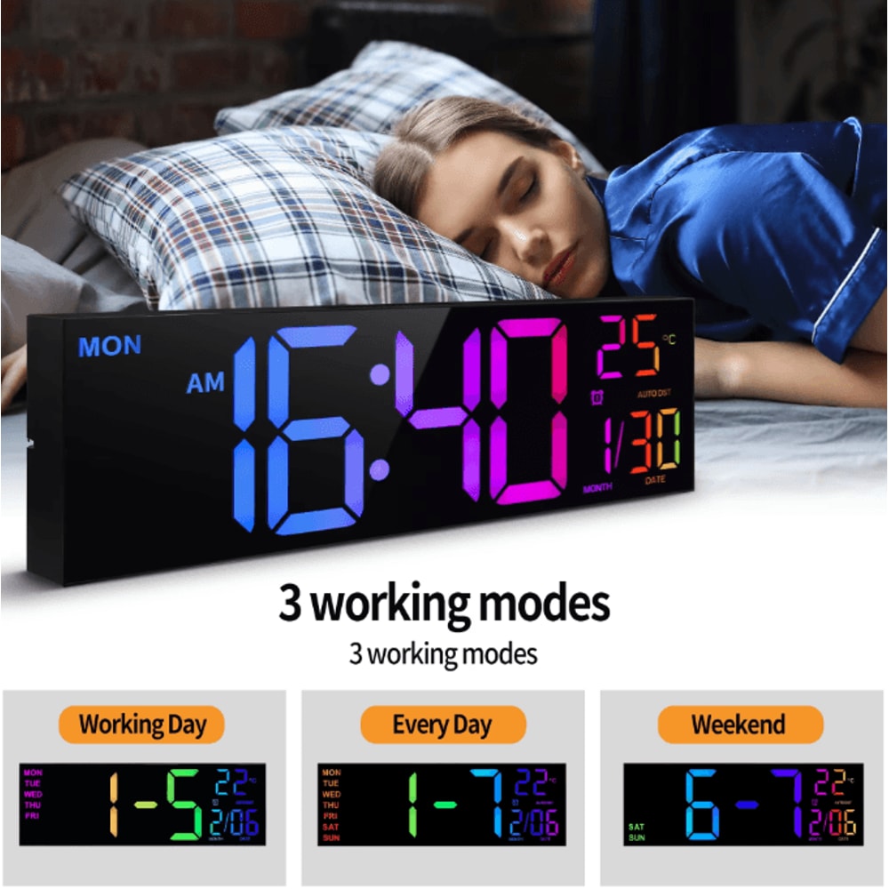 16Inch RGB Large Digital Wall Clock With Remote Temperature Display Alarm 1