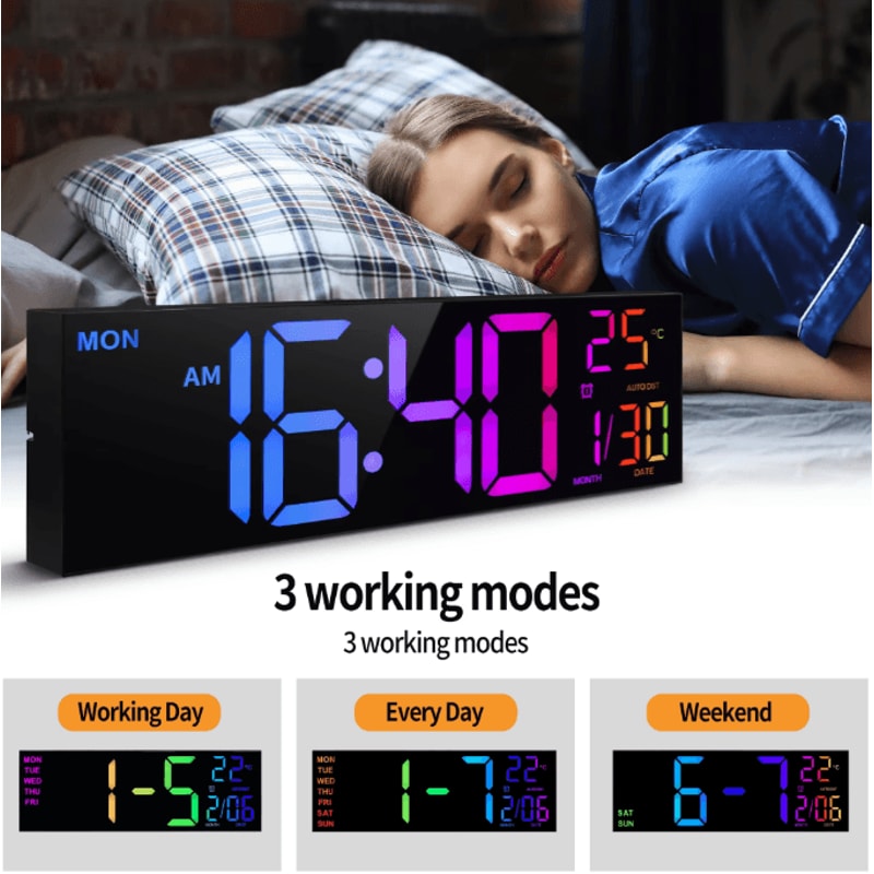 16Inch RGB Large Digital Wall Clock With Remote Temperature Display Alarm 1
