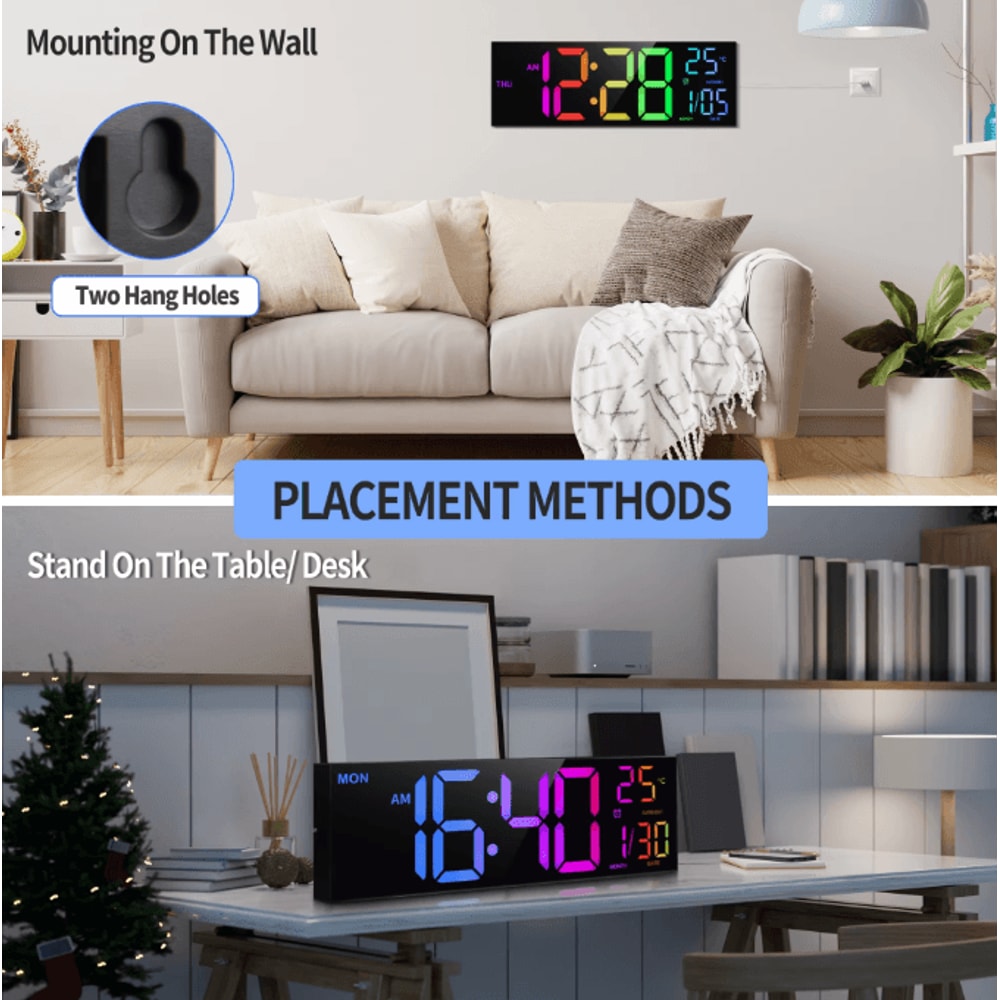16Inch RGB Large Digital Wall Clock With Remote Temperature Display Alarm 2