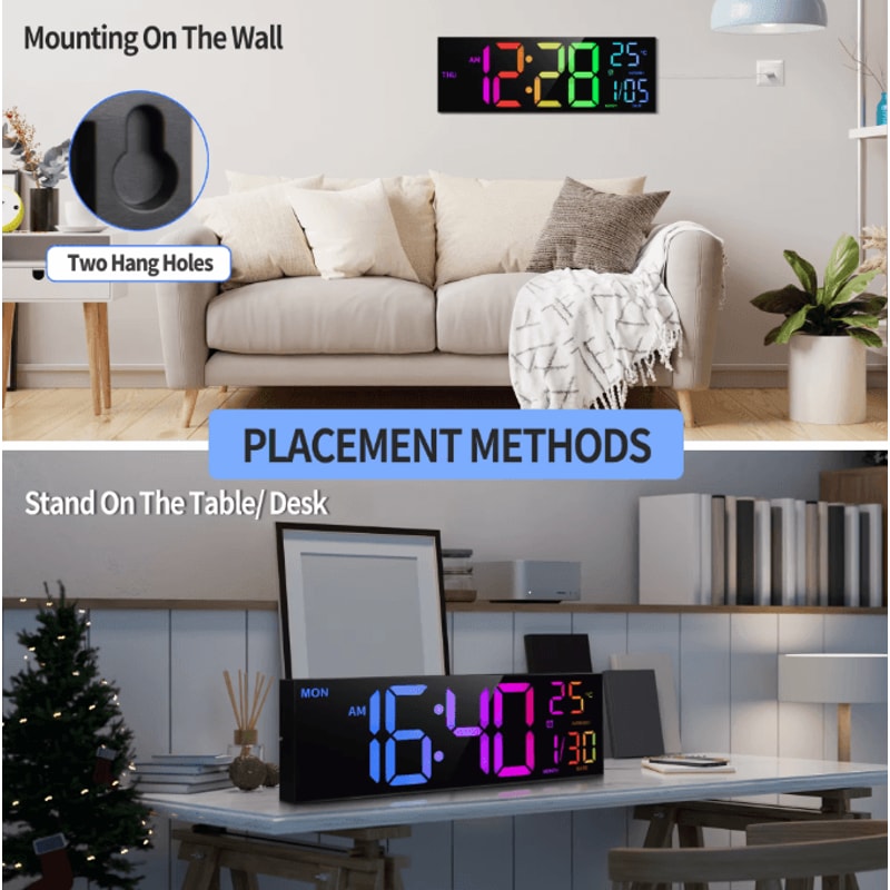 16Inch RGB Large Digital Wall Clock With Remote Temperature Display Alarm 2