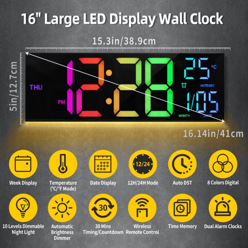 16Inch RGB Large Digital Wall Clock With Remote Temperature Display Alarm 4
