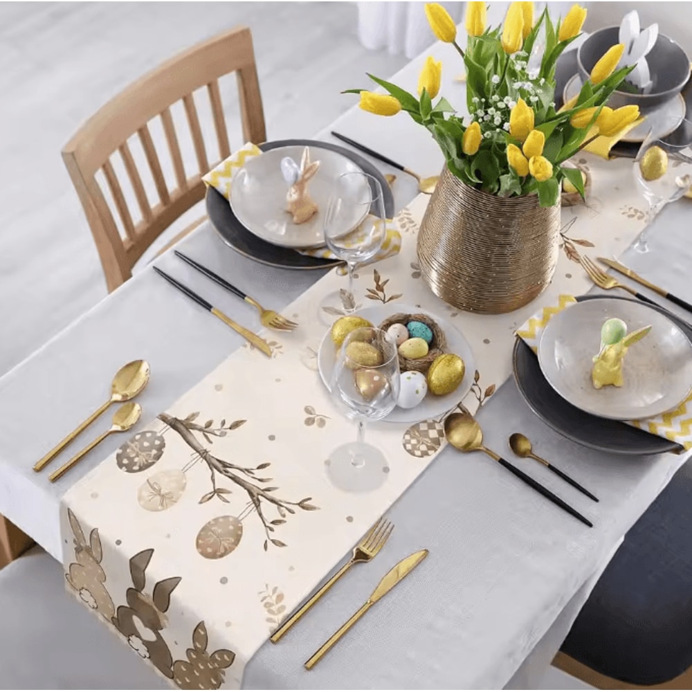 Spring Easter Bunny Table Runner Linen Farmhouse Decor For Dining Holiday Parties 3