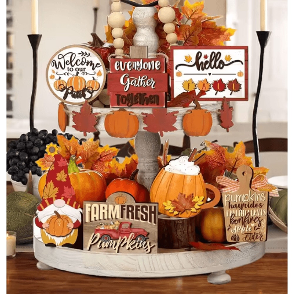 Fall Harvest Wooden Tiered Tray Decor Set Farmhouse Autumn Pumpkin Maple Leaf Centerpieces 0