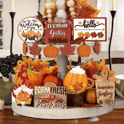 fall harvest wooden tiered tray decor set – farmhouse autumn pumpkin & maple leaf centerpieces