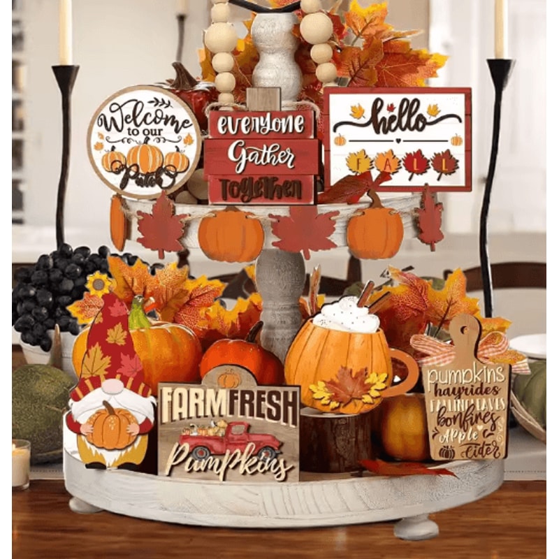 Fall Harvest Wooden Tiered Tray Decor Set Farmhouse Autumn Pumpkin Maple Leaf Centerpieces 0