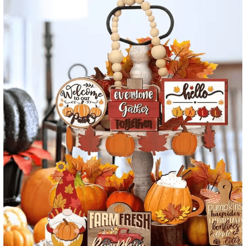 Fall Harvest Wooden Tiered Tray Decor Set Farmhouse Autumn Pumpkin Maple Leaf Centerpieces 1