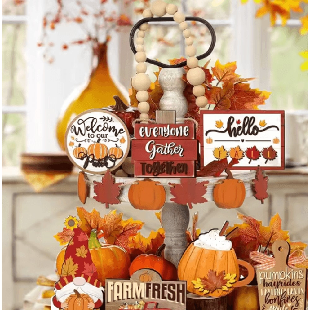 Fall Harvest Wooden Tiered Tray Decor Set Farmhouse Autumn Pumpkin Maple Leaf Centerpieces 2