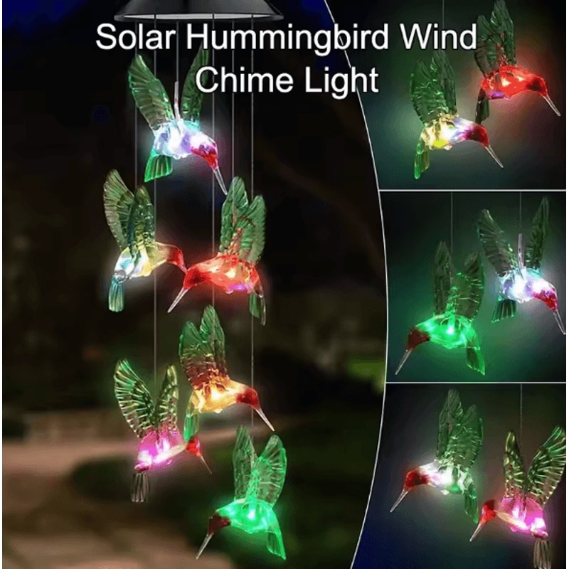 Solar LED Hummingbird Wind Chimes Lights Color Changing Garden Decor Outdoor Hanging Lamp 2