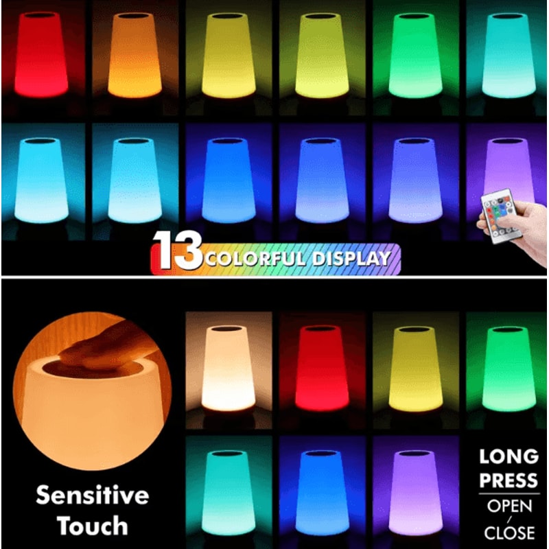 13Color RGB Touch Night Light With Remote Control Dimmable Rechargeable Bedside Lamp 2