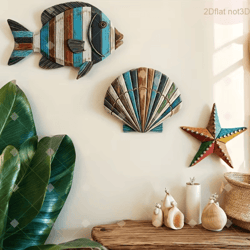 colorful wooden ocean wall decor set – sea fish, shell & starfish farmhouse art