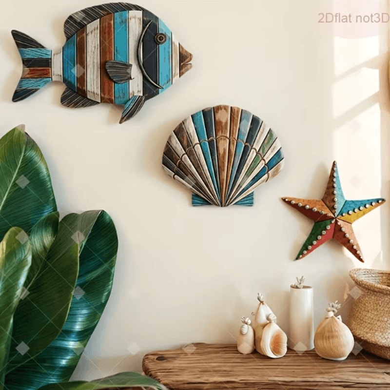 Colorful Wooden Ocean Wall Decor Set Sea Fish Shell Starfish Farmhouse Art 0