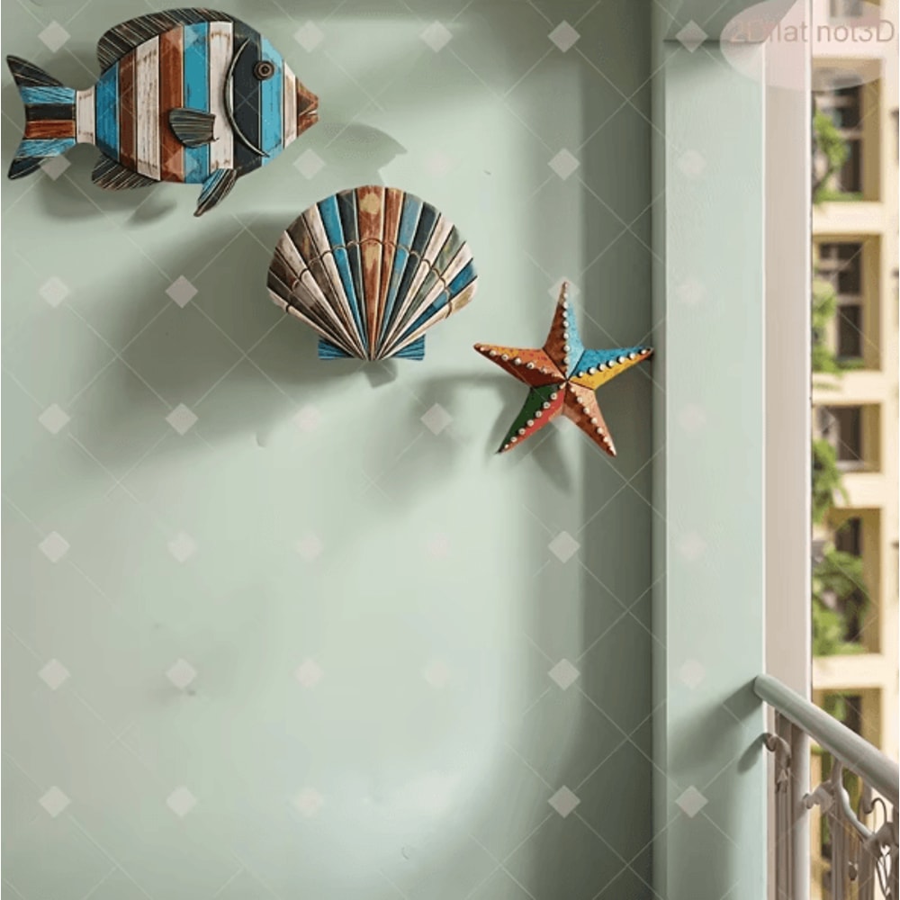 Colorful Wooden Ocean Wall Decor Set Sea Fish Shell Starfish Farmhouse Art 1