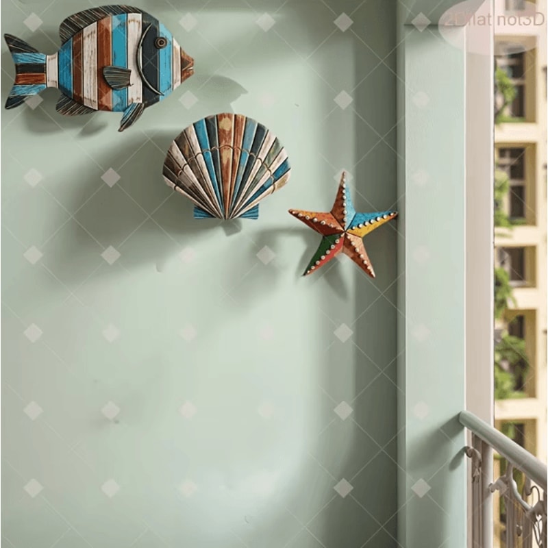 Colorful Wooden Ocean Wall Decor Set Sea Fish Shell Starfish Farmhouse Art 1