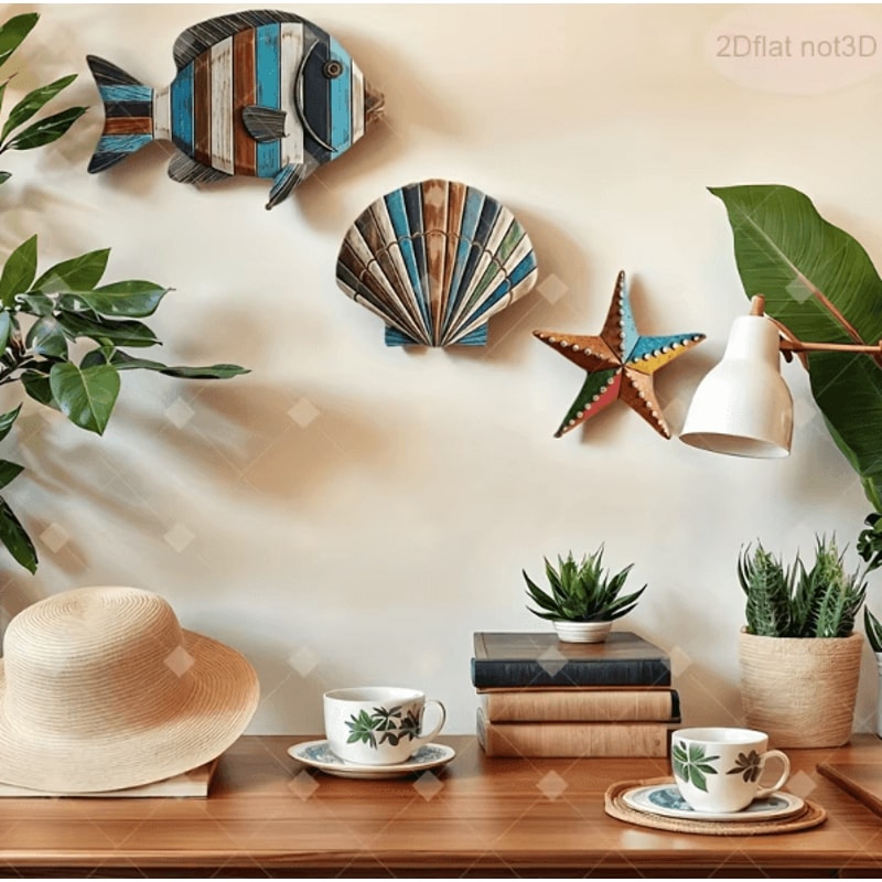 Colorful Wooden Ocean Wall Decor Set Sea Fish Shell Starfish Farmhouse Art 2